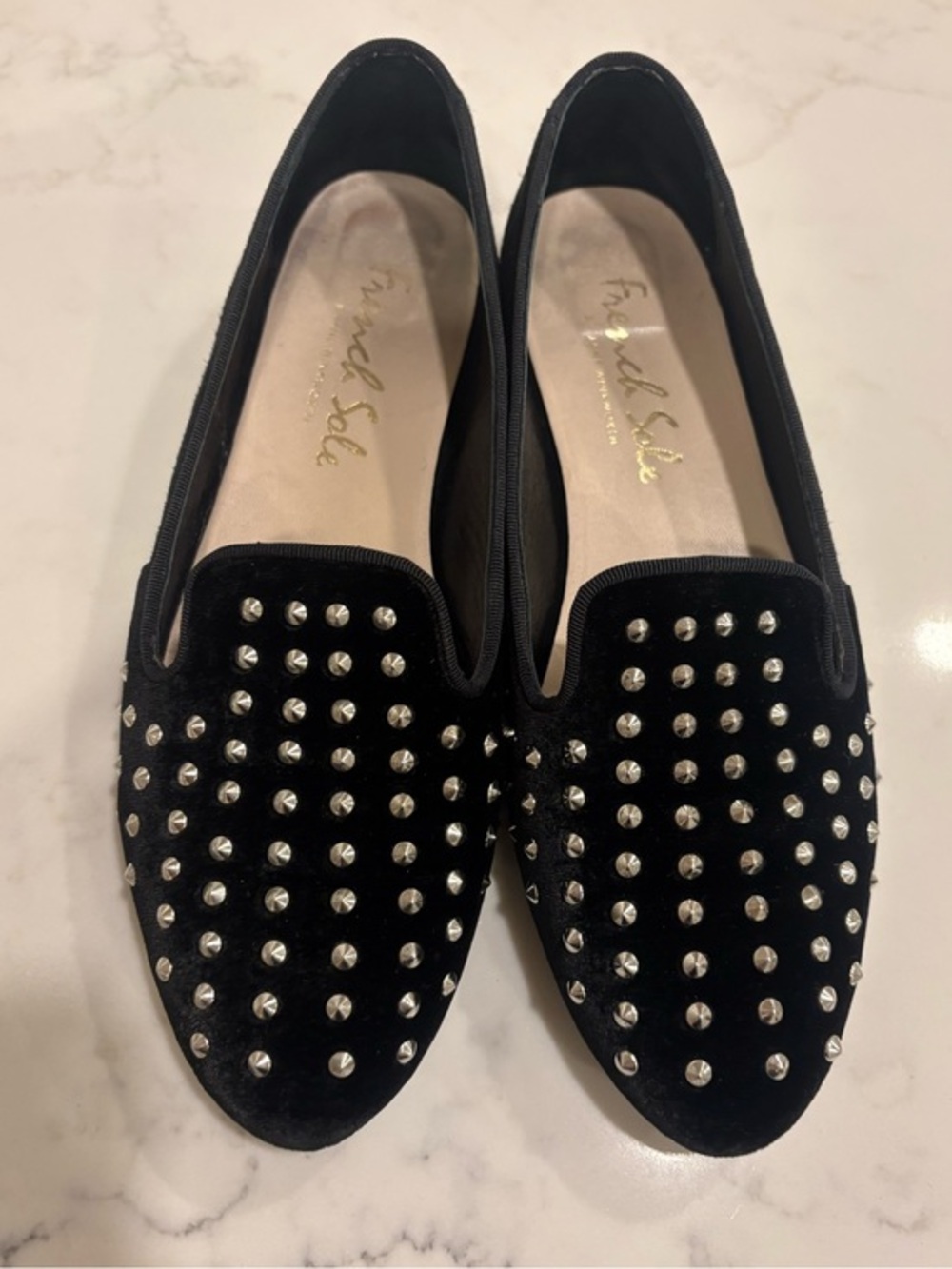 French sole velvet black loafers flats with silver studs size 39